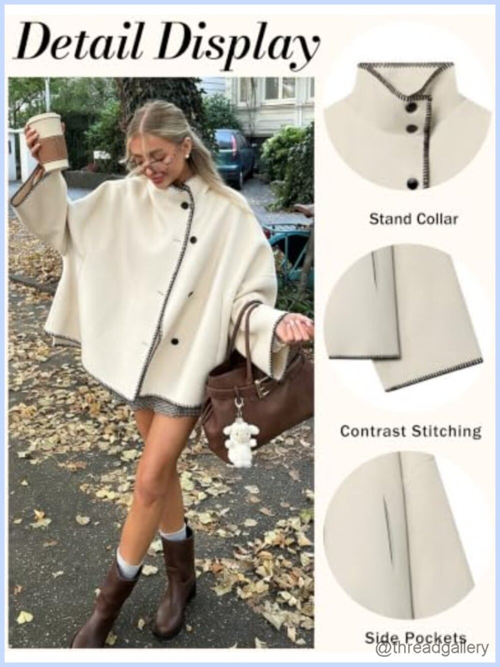 Cropped Wool Blend Pea Coat with Stand Collar & Embroidery - Picture 2 of 6